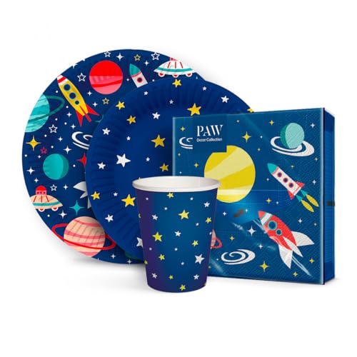 PAW - Partygeschirr Set I 16 Personen, 68 Elemente I Party Geschirrset - 20 x Papierservietten, 32 x Pappteller, 16 x Pappbecher I Einweggeschirr Set - Weltraum, Raumschiff, Sterne (Space) von PAW