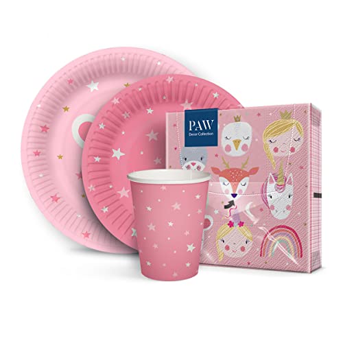 PAW - Partygeschirr Set I 20 Personen, 80 Elemente I Party Geschirrset - 20 x Papierservietten, 40 x Pappteller, 20 x Pappbecher I Einweggeschirr Set - Tiere, Prinzessin, Rosa (Magical Friends) von PAW