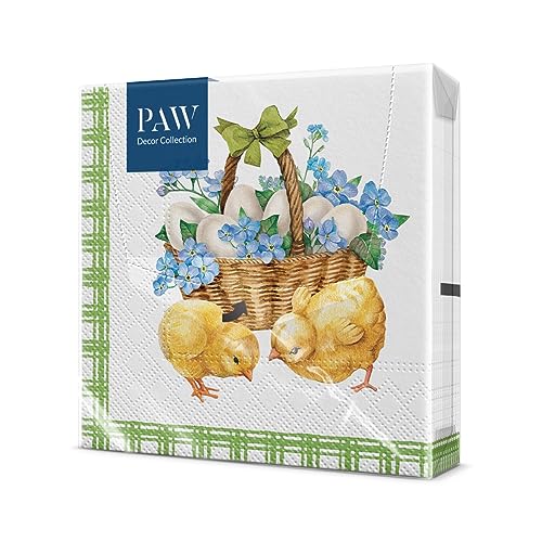 PAW - Servietten 3-lagig (33 x 33 cm) I 20 Stück I Perfekt für Geburtstage, Partys, Hochzeiten, Kommunion und Feiern I Papierservietten Bunt - Eier, Hühner, Ostern I Chicks with basket von PAW