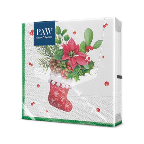 PAW - Servietten 3-lagig (33 x 33 cm) I 20 Stück I Perfekt für Weihnachten, Winter, Feiertage I Heiligabend Tischdekoration I Winter Papierservietten - Socke mit Weihnachtsstern I Sock With Poinsettia von PAW