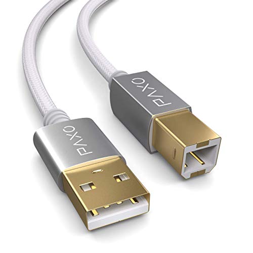 PAXO 5m Nylon USB Druckerkabel, weiß, USB A Stecker auf USB B, Ladekabel, Datenkabel, Goldstecker von PAXO