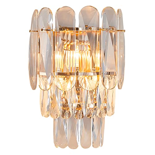 PAZWAHF Moderne dekorative Kristall-Wandleuchten, Wandhalterung, Nachttischlampe, 3-lagige Kristall-Gold-Wandleuchten, Wanddekoration für Schlafzimmer, Wohnzimmer, Flur (E14) von PAZWAHF