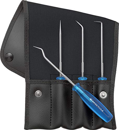 PB Swiss Tools Mini Haken Pick Set PB 7681 | 100% Swiss Made | 4-teiliges PickTool für Dichtungen bei O-Ring, Bremse, Motor, Getriebe, in kompakter Kunstleder-Rolltasche von PB Swiss Tools