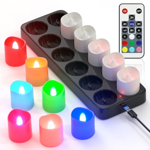 PChero LED Teelichter Wiederaufladbar mit Timer Fernbedienung, 12 Stk. RGB LED Elektrische Bunte Kerzen Aufladbar Flackernd mit Timerfunktion und Ladestation für Halloween Zimmer Deko Weihnachten von PChero