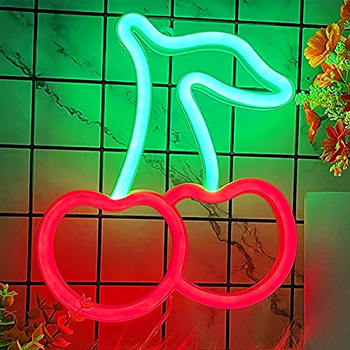 Kirsche Neon-Schilder, süße Frucht-Neonlichter für Wanddekor Batterie oder USB-betriebene LED-Leuchtschilder für Schlafzimmer, Kinderzimmer, Wohnzimmer, Bar, Party, Weihnachten, Hochzeit, Grün Rot von PDOOR