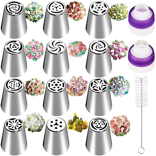 PEAKTOP 12 Russische Spritztüllen Set Profi Groß, Spritztüllenset Russisch Blumen, Edelstahl Kuchen Dekorieren Düsen, Kuchen Einrichtungstipps mit 2 Düsenkonverter für Backen DIY Cupcakes Dessert von PEAKTOP