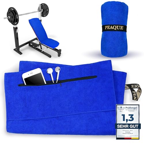 PEAQUE Fitness-Handtuch mit Reißverschlusstasche | Mikrofaser mit Frottee-Struktur | Sport-Handtuch für Fitnessstudio und Gym | weich, schnelltrocknend (Royal-Blau, 120 x 50 cm) von PEAQUE