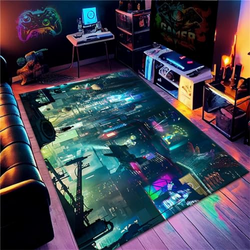 Gamer Teppiche, Moderne Cyberpunk Tech Style Fußmatten, Visuelle Fun Gaming Teppiche Teen Rugs Play Mat Rutschfeste Teppiche Für Wohnzimmer Schlafzimmer Spielzimmer Läufer (Colour 3,100x150cm) von PEIHUODAN