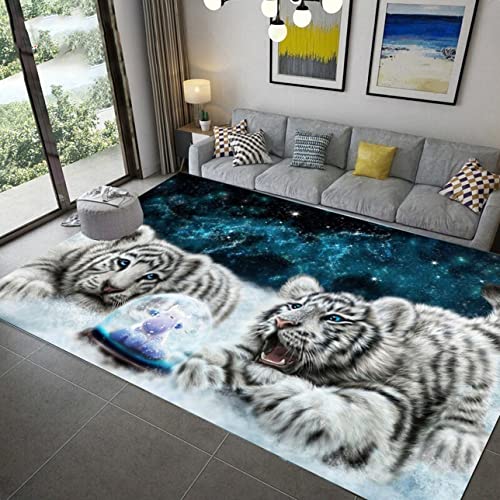 PEIHUODAN Home Area Rug Tiere 3D Blau Weiß Tiger Leopard Fantasy Sternenhimmel Wohnzimmer Teppich Kinderteppich Weiche rutschfeste Waschbare Fußmatte Spielmatte (Blau#1,120 x 180 cm) von PEIHUODAN