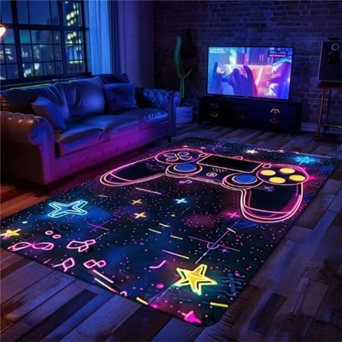 PEIHUODAN Spielteppich Für Das Wohnzimmer Jungen Kind Neon Gamer Controller Stern Galaxie Teppich Für Schlafzimmer Spiel Fußmatte Teenager Kinder Anti-Rutsch Waschbar (Colour 5,50x80cm) von PEIHUODAN