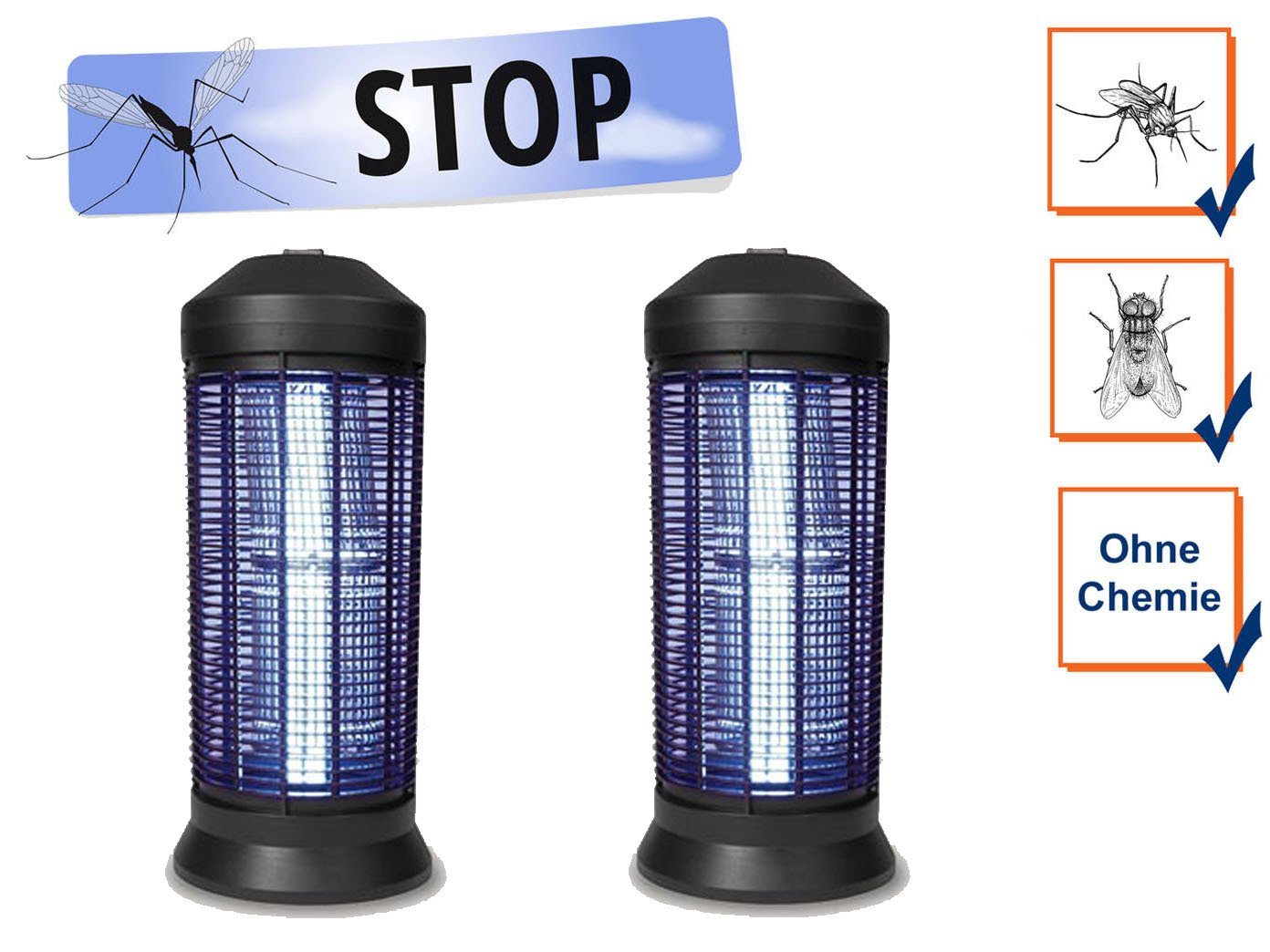 Insektenschutzplissee, PEREL, Hängend oder als Standgerät, UV Insektenlampe 2er SET elektrische Mückenlampen Fliegenfalle, 600m² von PEREL