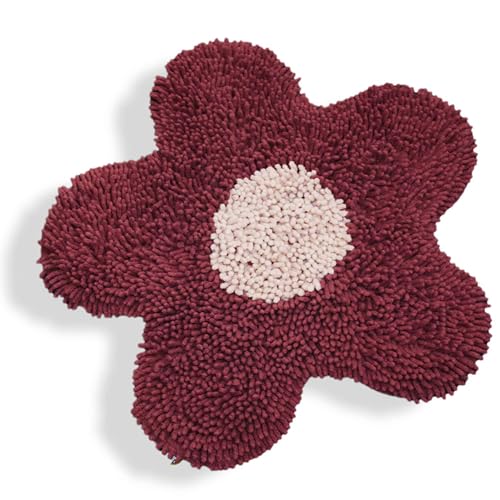 PERLARARA Badteppich, saugfähig, aus Baumwolle, maschinenwaschbar, Badteppich mit Gänseblümchen, 60 x 60 cm, runder Badteppich, Bordeaux von PERLARARA
