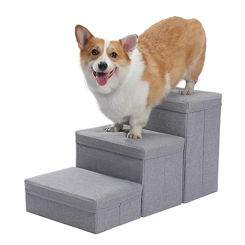 PETEPELA Hundetreppe, Tragbare 3 Treppen Hundetreppe für kleine Hunde mit Stauraum, Faltbare Haustiertreppe für Couch und Hochbett bis zu 22,7 kg, Hellgrau von PETEPELA