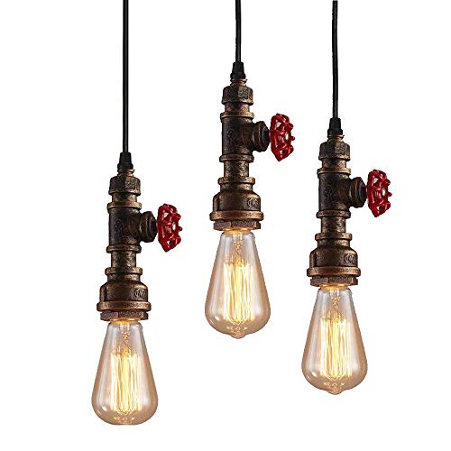 PETITES ECREVISSES Industrielle Pendelleuchte E27 Wasserrohr Vintage Hängeleuchte Lampe Leuchte Metall Deckenleuchte 60W für Esszimmer Bar Restaurant Café,Rostig (3 Stück) von PETITES ECREVISSES