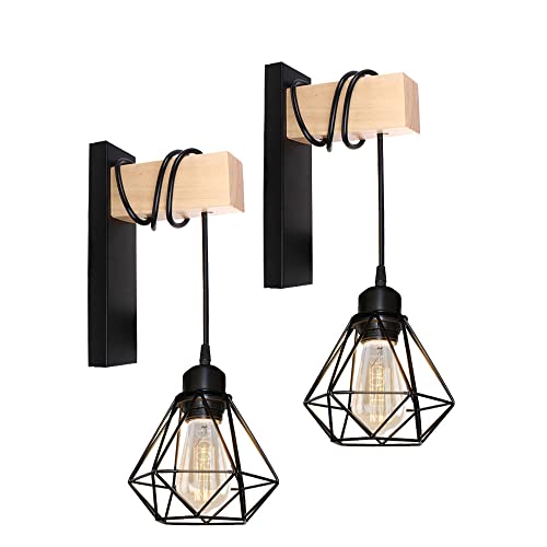 PETITES ECREVISSES Retro Wandleuchten Industrial Innen Wandlampe Vintage Schwarz E27 Deckenleuchte aus Metall mit Holz Pendelleuchte Design für Schlafzimmer Wohnzimmer Küche Flur (B, 2 Stück) von PETITES ECREVISSES