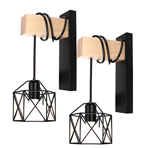 PETITES ECREVISSES Retro Wandleuchten Industrial Innen Wandlampe Vintage Schwarz E27 Deckenleuchte aus Metall mit Holz Pendelleuchte Design für Schlafzimmer Wohnzimmer Küche Flur (D, 2 Stück) von PETITES ECREVISSES