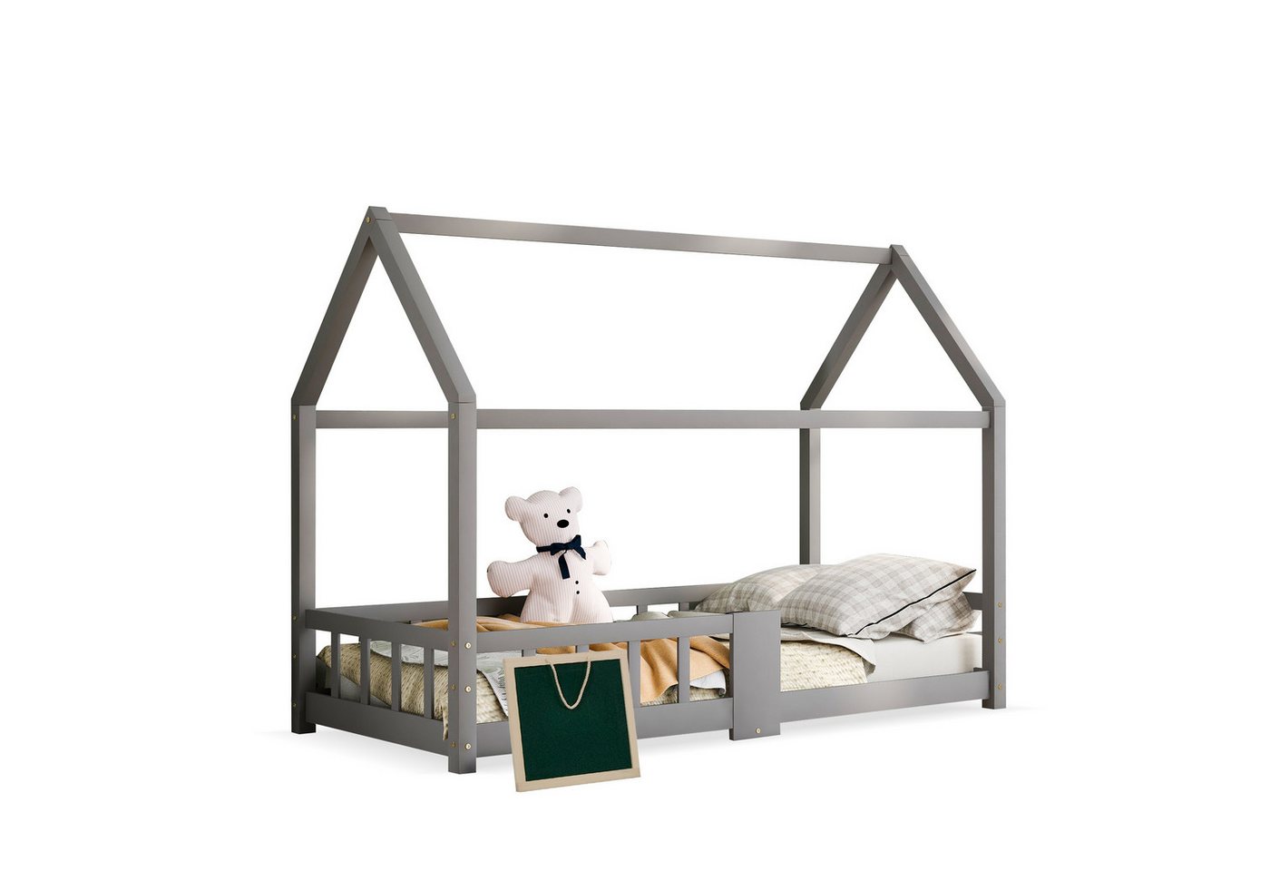 PHOEBE CAT Kinderbett (Hausbett 90x200cm), Kinderbett mit Tafel, Rausfallschutz und Lattenrost, Kiefer von PHOEBE CAT