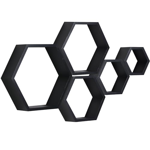 PHOENANCEE Hexagon Wandregal, Wohnzimmer Deko Wand, Holz Hängeregal für Schlafzimmer, 5er-Set(Schwarz) von PHOENANCEE
