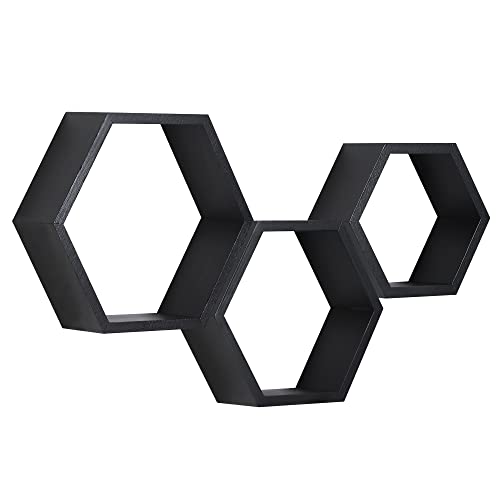 PHOENANCEE Hexagon Wandregal, Wohnzimmer Deko Wand, Holz Hängeregal für Schlafzimmer, 3er-Set(Schwarz) von PHOENANCEE