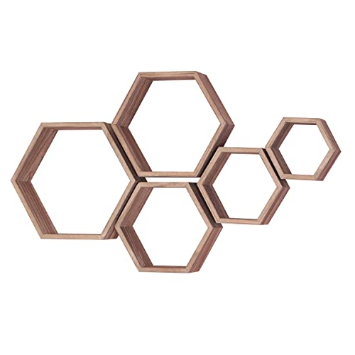 PHOENANCEE Hexagon Wandregal, Wohnzimmer Deko Wand, Holz Hängeregal für Schlafzimmer, 5er-Set(Karbonisiertes Schwarz) von PHOENANCEE