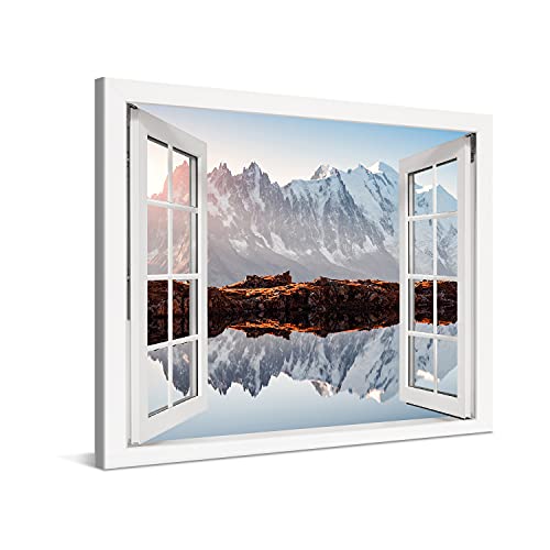 PICANOVA – Bild auf Leinwand Monte Bianco Alpen Bergsee Chesery Fenster 100x75cm Leinwandbild – Premium Leinwanddruck – Wandbild Kunstdruck Auf 2cm Holz-Keilrahmen Wohnzimmer Wanddekoration – Berge von PICANOVA