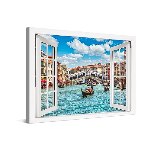 PICANOVA – Leinwandbild 30x20cm Rialtobrücke Venedig Fenster – Leinwanddruck – Wandbild Kunstdruck Auf 2cm Holz-Keilrahmen Für Schlaf- Und Wohnzimmer Wanddekoration – Bild auf Leinwand von PICANOVA