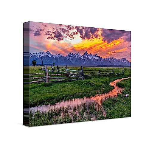 PICANOVA – Leinwandbild 40x30cm Felder und Berge Sonnenuntergang – Leinwanddruck – Wandbild Kunstdruck Auf 2cm Holz-Keilrahmen Für Schlaf- Und Wohnzimmer Wanddekoration – Bild auf Leinwand von PICANOVA