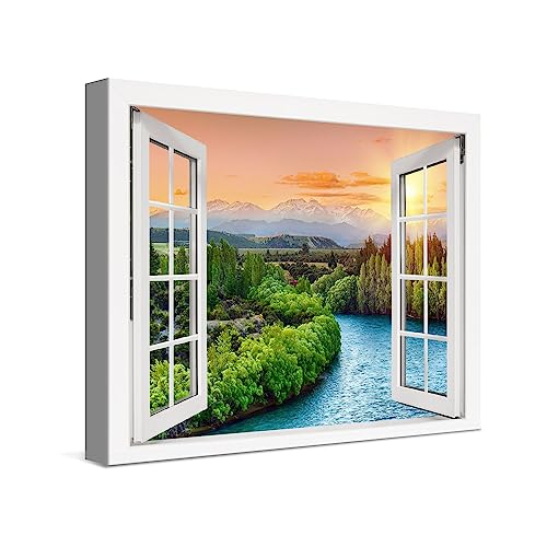 PICANOVA – Leinwandbild 40x30cm Fluss Sonnenuntergang Fenster – Leinwanddruck – Wandbild Kunstdruck Auf 2cm Holz-Keilrahmen Für Schlaf- Und Wohnzimmer Wanddekoration – Bild auf Leinwand von PICANOVA