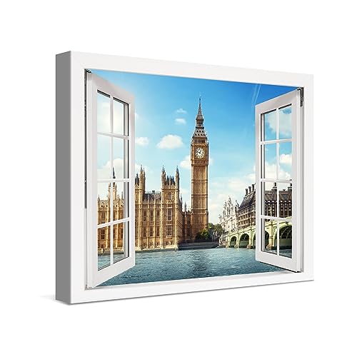 PICANOVA – Leinwandbild 40x30cm London Big Ben Fenster – Leinwanddruck – Wandbild Kunstdruck Auf 2cm Holz-Keilrahmen Für Schlaf- Und Wohnzimmer Wanddekoration – Bild auf Leinwand von PICANOVA