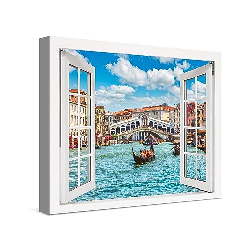 PICANOVA – Leinwandbild 40x30cm Rialtobrücke Venedig Fenster – Leinwanddruck – Wandbild Kunstdruck Auf 2cm Holz-Keilrahmen Für Schlaf- Und Wohnzimmer Wanddekoration – Bild auf Leinwand von PICANOVA