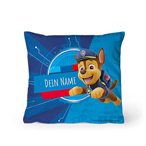 PICANOVA – PAW Patrol Chase Kissen mit Name 40x40cm – mit Füllung – Text individuell Bedruckt – Zierkissen Dekokissen – Schlaf- und Wohnzimmertauglich von PICANOVA