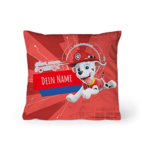 PICANOVA – PAW Patrol Marshall Kissen mit Name 60x60cm – mit Füllung – Text individuell Bedruckt – Zierkissen Dekokissen – Schlaf- und Wohnzimmertauglich von PICANOVA