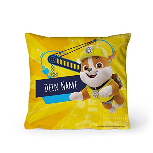 PICANOVA – PAW Patrol Rubble Kissen mit Name 40x40cm – mit Füllung – Text individuell Bedruckt – Zierkissen Dekokissen – Schlaf- und Wohnzimmertauglich von PICANOVA