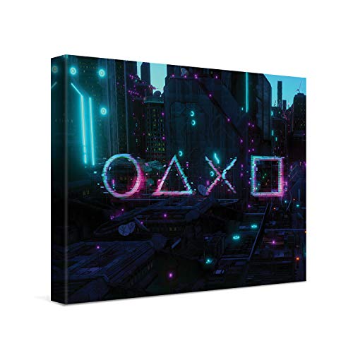 PICANOVA – Premium Leinwanddruck – Leinwandbild Cyberpunk City 40x30cm – Kunstdruck Auf 2cm Holz-Keilrahmen Für Schlaf- Und Wohnzimmer – Kollektion Gaming Console Gamepad Symbols von PICANOVA