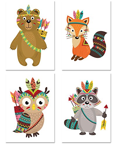 PICSonPAPER Kinder Poster 4er-Set Indianer, ungerahmt 30 cm x 40 cm, Dekoration fürs Kinderzimmer, Babyzimmer, Kinderposter, Babyposter, Kunstdruck, Wandbild, Geschenk (Ohne Bilderrahmen 30 x 40) von PICSonPAPER