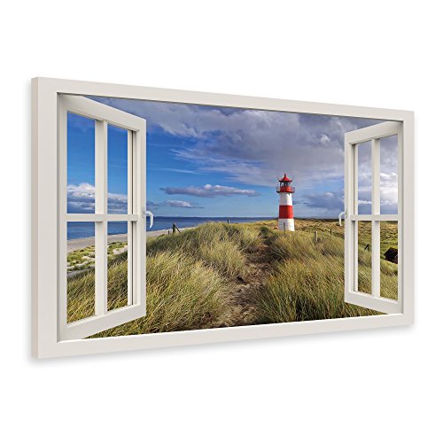 PICSonPAPER Leinwandbild Fenster zum Leuchtturm Nordsee, 40 cm x 30 cm, Dekoration, Kunstdruck, Wandbild, Geschenk, Leinwand Natur, Nordsee von PICSonPAPER