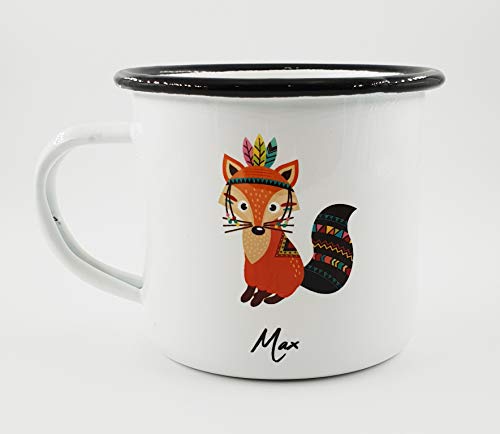 PICSonPAPER Personalisierbare Emaille-Tasse mit süßer Indianer-Fuchs-Illustration, Fuchs Tasse mit Namen, Geschenk, Edelstahl-Becher, Metall-Tasse (Fuchs) von PICSonPAPER