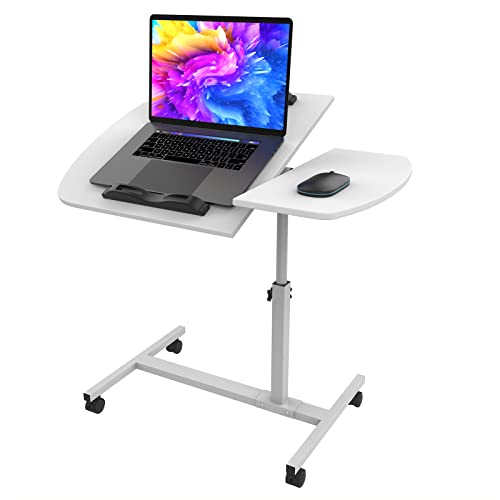 PIPIPOXER 60×40cm Laptopständer Computertisch, Laptoptisch Höhenverstellbar, Mobiler Stehtisch mit 2 Stopp-Leisten & 4 Rollen, Überbett-Tisch 360 Drehbaren Tischplatte, Beistelltisch fürs Sofa, Weiß von PIPIPOXER