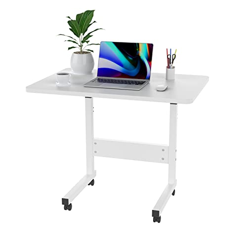 PIPIPOXER 60x40cm Laptoptisch mit Rollen, Laptoptisch Computertisch höhenverstellbarer 69-90cm, Schreibtisch Computertisch Mobiler Stehtisch Überbett-Tisch 360 Drehbaren Tischplatte,Beistelltisch,Weiß von PIPIPOXER