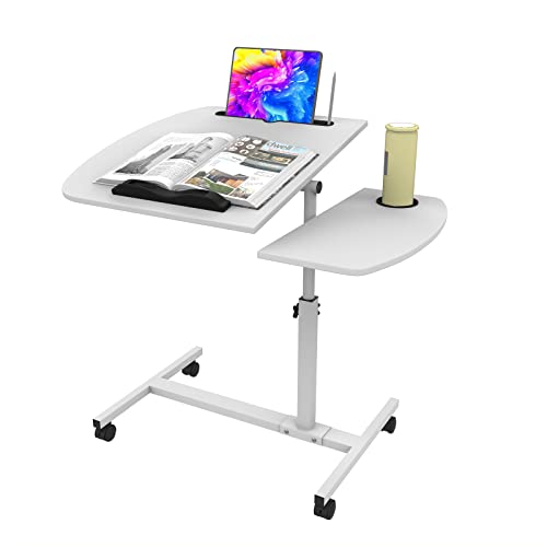 PIPIPOXER Laptoptisch Höhenverstellbar 61-91 cm, 60×40cm Mobiler Stehtisch mit 4 Rollen & 1 Stopp-Leisten, Tablet-Schlitz und Cup Slot, 360 Drehbaren Tischplatte, Beistelltisch fürs Sofa, Weiß von PIPIPOXER