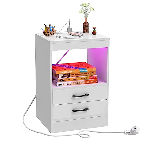 PIPIPOXER Nachttisch mit Steckdose & USB, Nachttisch Weiß Nachtschrank Hochglanz Nachtkommode 2 Schubladen mit Led 16 Farben Beleuchtung Beistelltisch für Schlafzimmer, Wohnzimmer, 40x60x35cm von PIPIPOXER