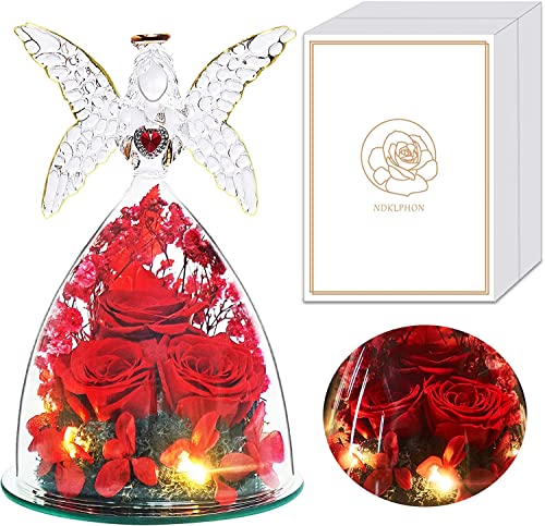 Echte Ewige Rose im Glas Engel Figur, Frauen Geschenk Geburtstag, Konservierte Rosen Blumen Engel Glaskuppel LED Licht, Muttertag Valentinstag Hochzeitstag Geschenk für Mama Freundin Ehefrau Oma von PISKEKAT