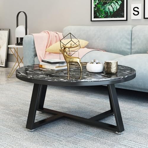 Marmor-Couchtisch, rund, moderner Wohnzimmer-Sofa-Tisch, Marmor-Textur, runder Mitteltisch mit Metallgestell und verstellbaren Fußpolstern (Größe: 60 cm, Farbe: schwarzer Rahmen + Schwarz) von PJGFBYT