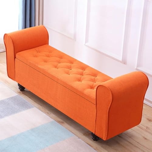 PJGFBYT Fußhocker mit großer Kapazität für Schlafzimmer, Wohnzimmer, gepolsterter Vintage-Ottomane mit Holzbeinen, getuftetes Leinen, bewaffnete Aufbewahrungsbank (Farbe: Orange) von PJGFBYT