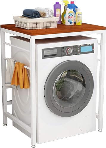 PJGFBYT Wäscheregal für Frontlader, Waschmaschine und Wäschetrockner, freistehende Badezimmer-Aufbewahrungseinheit (Farbe: weißer Rahmen + Teakholz) von PJGFBYT