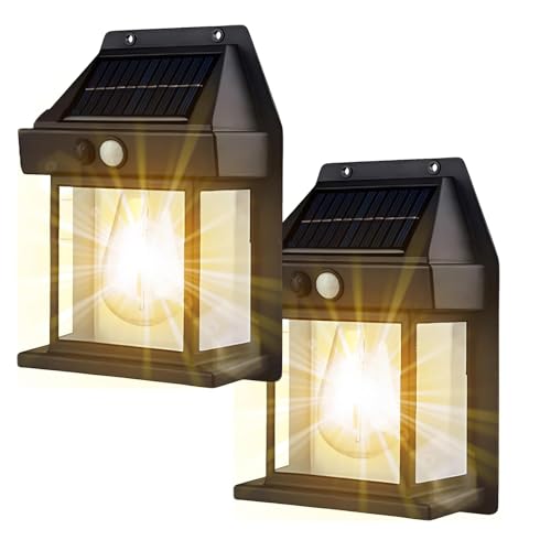 PKKP 2 Stück Solar Wolfram Wandleuchte für den Außenbereich, solarlampen für Außen mit Bewegungsmelder, IP65 Wasserdicht Solar Wandlampe für Garten, Balkon, Zaun, Hof (2*Schwarz) von PKKP