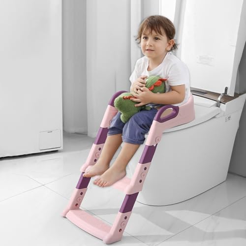 PLATINUM GOLD Kinder Toilettensitz, Toilettensitz Kinder mit Treppe, Klappbarer Reise-Badezimmersitz mit Spritzschutz, Töpfchensitz mit Leiter, Komfortabel, Einstellbar (Pink) von PLATINUM GOLD