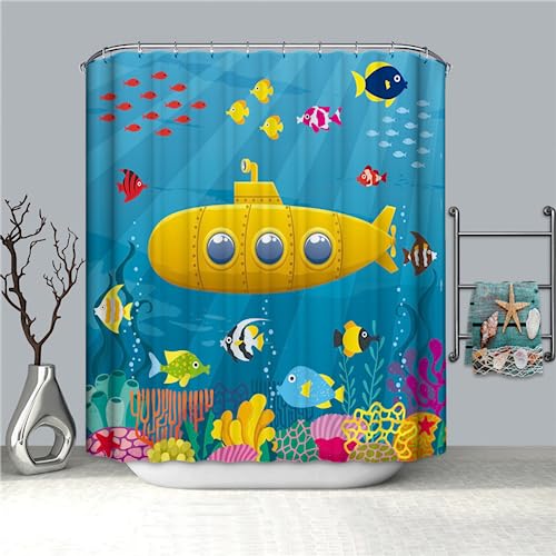 PLEETS Duschvorhänge Cartoon U-Boot Duschvorhang aus Polyester mit 12 Duschvorhangringe Badezimmer Wasserabweisend und Anti-Schimmel waschbare badvorhang 150x180cm von PLEETS