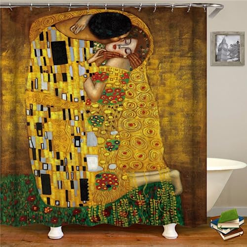 PLEETS Duschvorhang 180x200 cm Klimt's Kuss Duschvorhang Anti Schimmel Digitaldruck Polyester Wasserdichter Duschvorhänge mit 12 Haken, Waschbar Badvorhänge von PLEETS