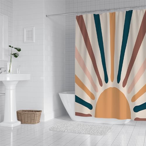 PLEETS Duschvorhang 180x200 cm abstrakte Sonne Duschvorhang Anti Schimmel Digitaldruck Polyester Wasserdichter Duschvorhänge mit 12 Haken, Waschbar Badvorhänge von PLEETS